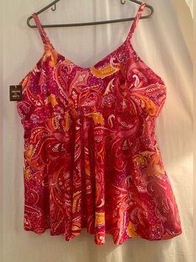 Macy's Pink & Orange Paisley Spaghetti Strap Swim Top Size 24W